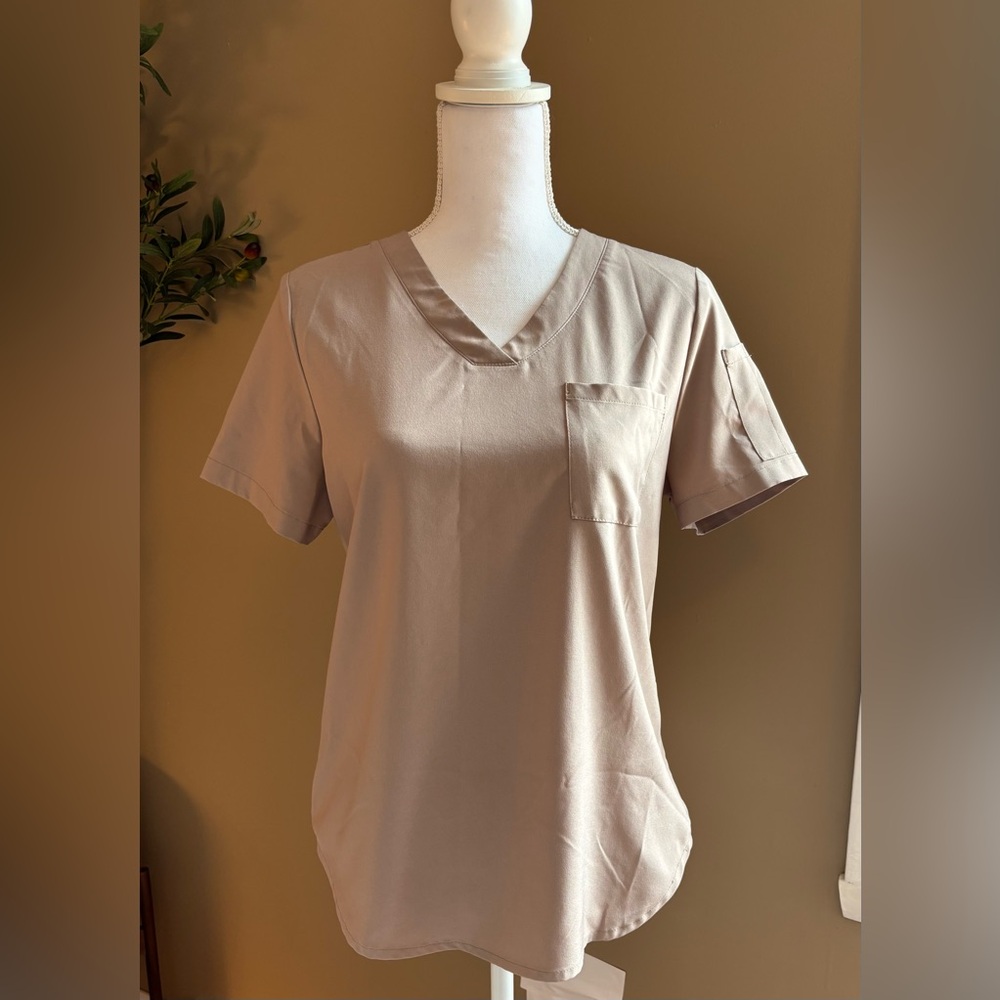 Elegant Beige V-Neck Short Sleeve Scrub Top